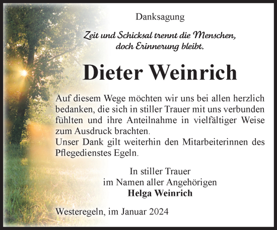Traueranzeige von Dieter Weinrich von Volksstimme Staßfurt