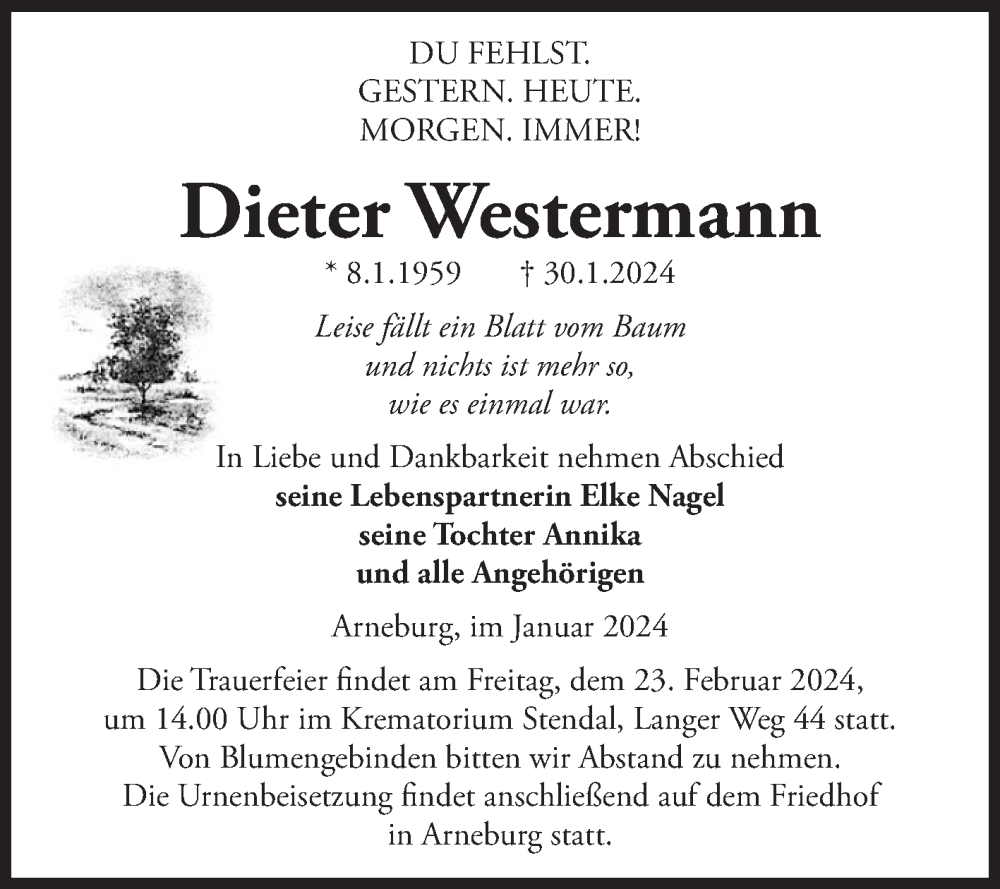  Traueranzeige für Dieter Westermann vom 10.02.2024 aus Volksstimme Altmark Ost