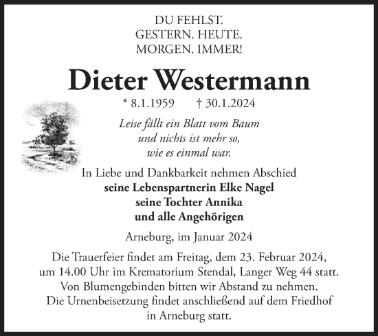 Traueranzeige von Dieter Westermann von Volksstimme Altmark Ost