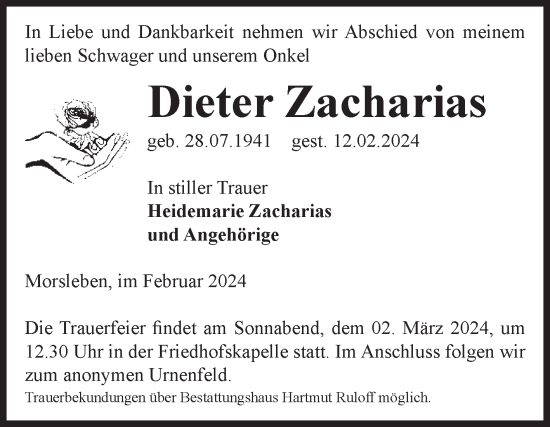 Traueranzeige von Dieter Zacharias von Volksstimme Haldensleben/Wolmirstedt