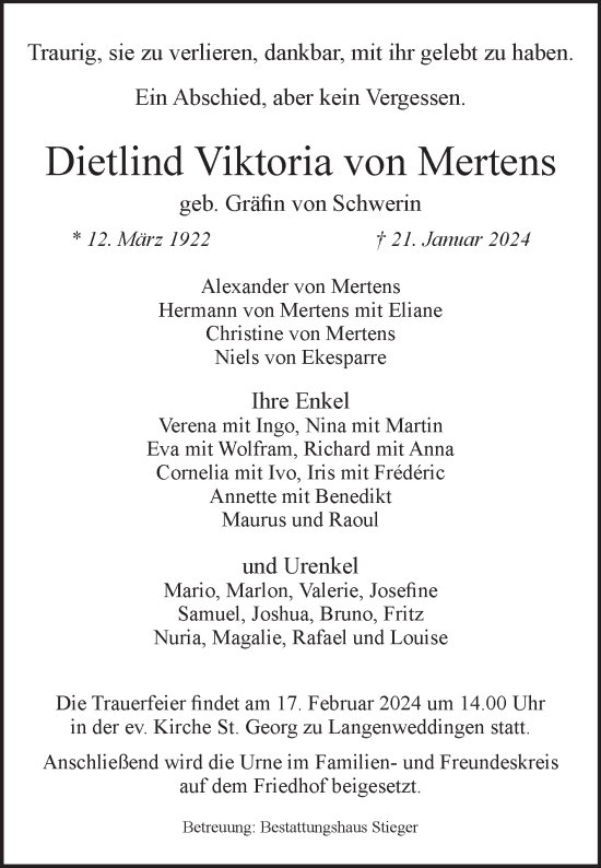 Traueranzeige von Dietlind Viktoria von Mertens von Volksstimme Oschersleben/Wanzleben