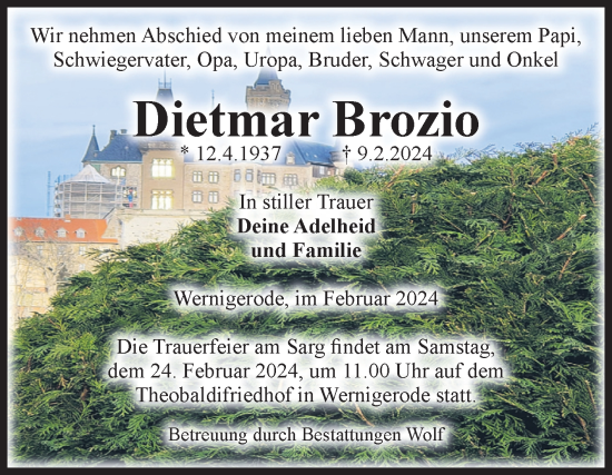 Traueranzeige von Dietmar Brozio von Volksstimme Wernigerode