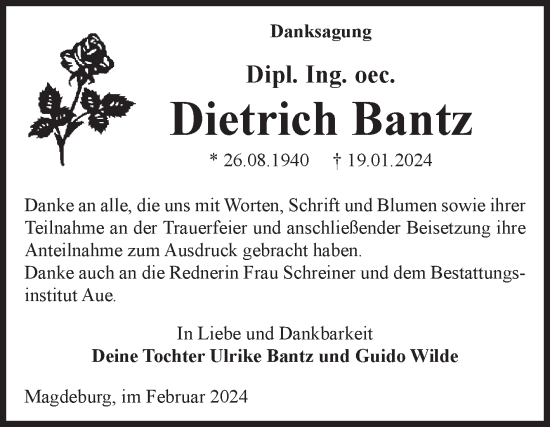 Traueranzeige von Dietrich Bantz von Volksstimme Magdeburg