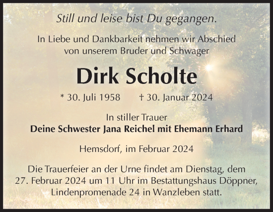 Traueranzeige von Dirk Scholte von Volksstimme Oschersleben/Wanzleben