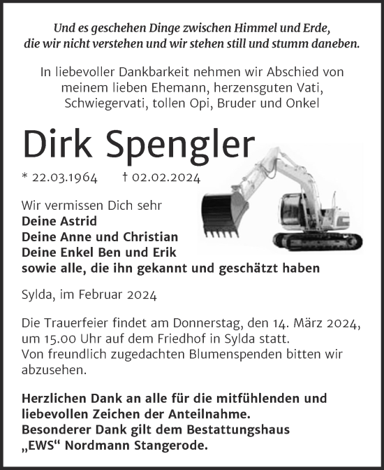 Traueranzeige von Dirk Spengler von Trauerkombi Mansfelder Land