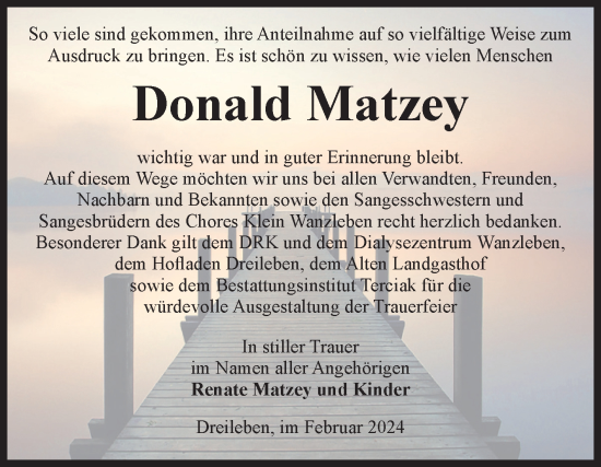 Traueranzeige von Donald Matzey von Volksstimme Oschersleben/Wanzleben