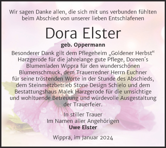 Traueranzeige von Dora Elster von Trauerkombi Sangerhausen