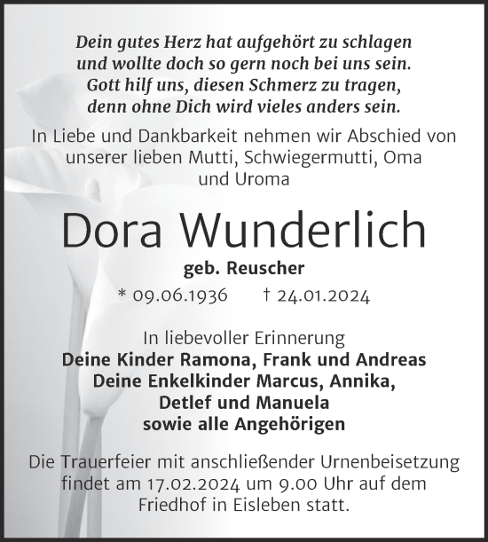 Traueranzeige von Dora Wunderlich von Trauerkombi Mansfelder Land