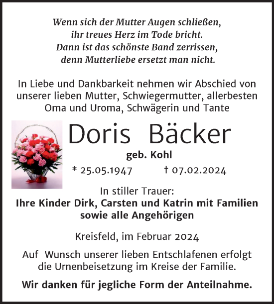 Traueranzeige von Doris Bäcker von Trauerkombi Mansfelder Land