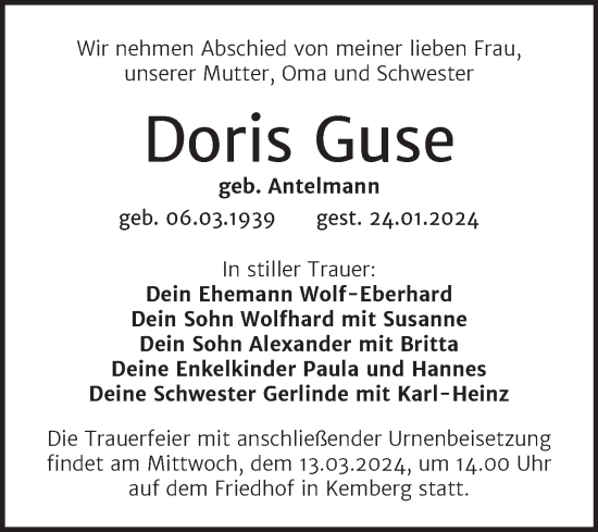 Traueranzeige von Doris Guse von Trauerkombi Wittenberg