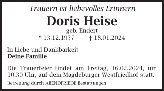 Traueranzeige von Doris Heise von Volksstimme Magdeburg