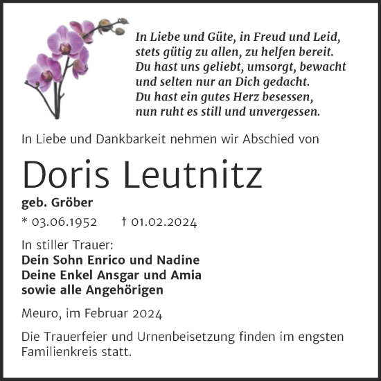 Traueranzeige von Doris Leutnitz von Trauerkombi Wittenberg