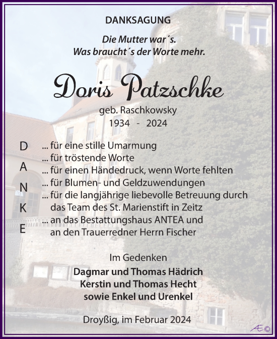 Traueranzeige von Doris Patzschke von Trauerkombi Zeitz