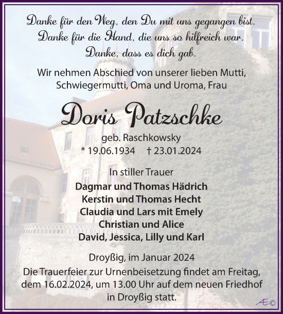 Traueranzeige von Doris Patzschke von Trauerkombi Zeitz