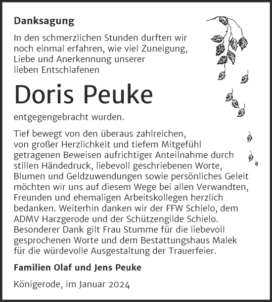 Traueranzeige von Doris Peuke von Trauerkombi Quedlinburg