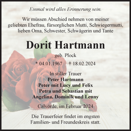 Traueranzeige von Dorit Hartmann von Volksstimme Haldensleben/Wolmirstedt