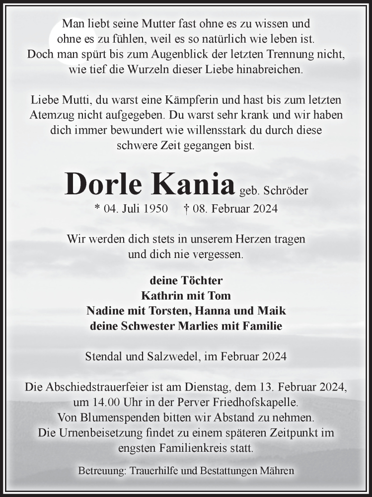  Traueranzeige für Dorle Kania vom 10.02.2024 aus Volksstimme Altmark Ost