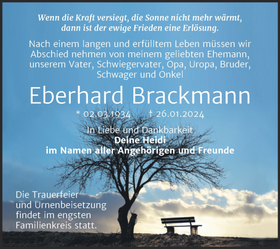 Traueranzeige von Eberhard Brackmann von Trauerkombi Bitterfeld