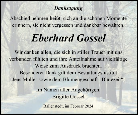 Traueranzeige von Eberhard Gossel von Trauerkombi Quedlinburg