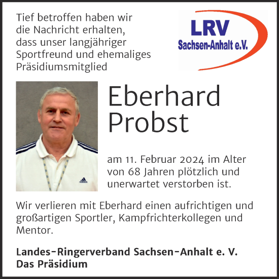 Traueranzeige von Eberhard Probst von Mitteldeutsche Zeitung Halle/Saalkreis