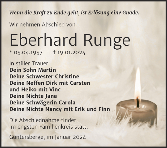 Traueranzeige von Eberhard Runge von Trauerkombi Quedlinburg