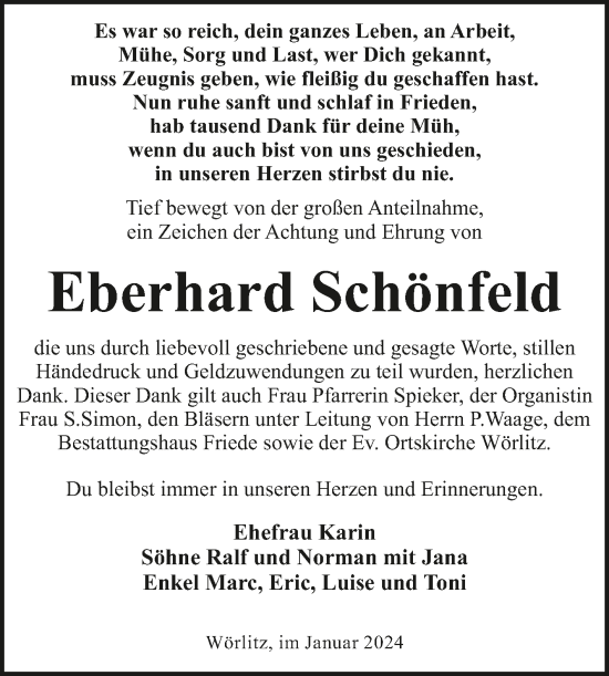 Traueranzeige von Eberhard Schönfeld von Trauerkombi Wittenberg