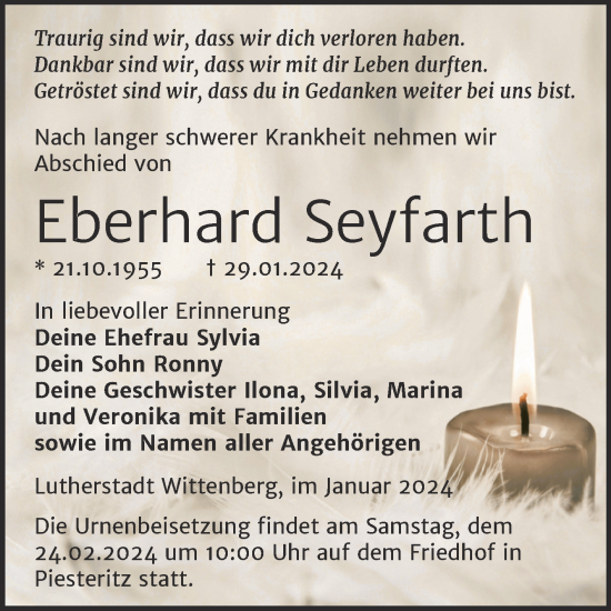 Traueranzeige von Eberhard Seyfarth von Trauerkombi Wittenberg