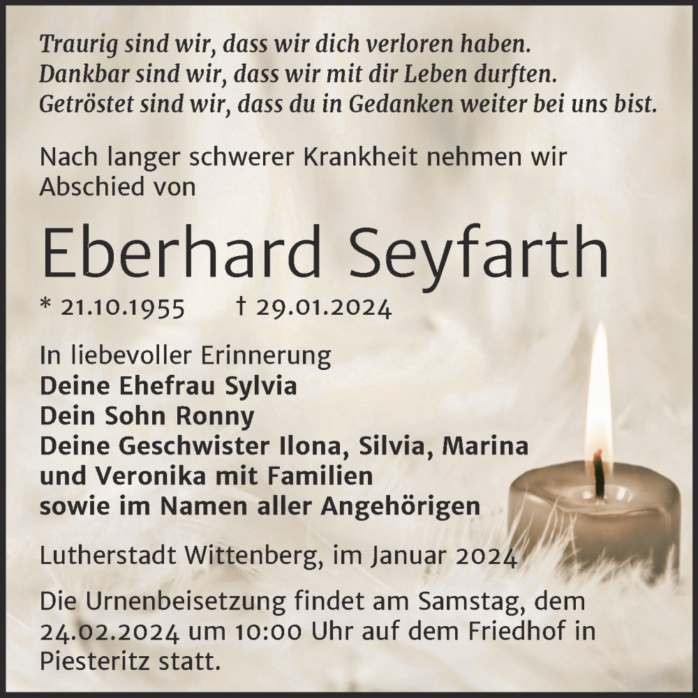 Traueranzeige für Eberhard Seyfarth vom 10.02.2024 aus Trauerkombi Wittenberg