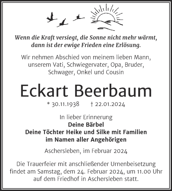 Traueranzeige von Eckart Beerbaum von Trauerkombi Aschersleben