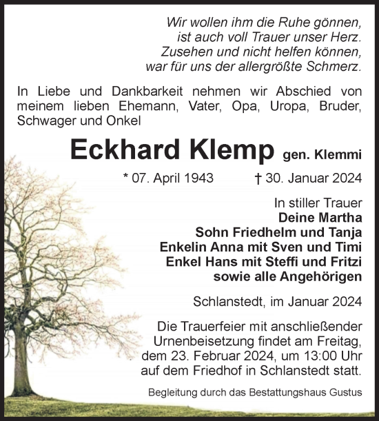 Traueranzeige von Eckhard Klemp von Volksstimme Halberstadt