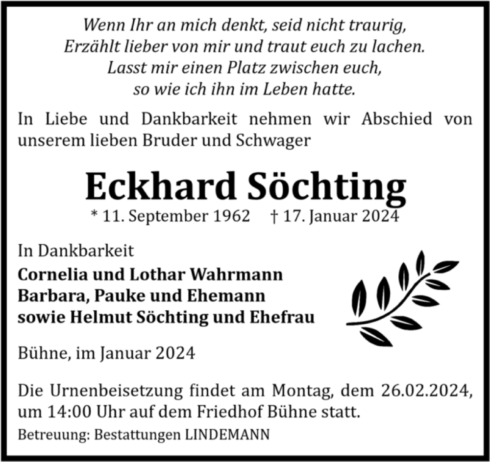  Traueranzeige für Eckhard Söchting vom 24.02.2024 aus Volksstimme Halberstadt