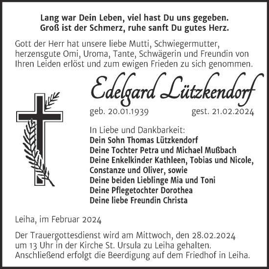 Traueranzeige von Edelgard Lützkendorf von Mitteldeutsche Zeitung Merseburg/Querfurt