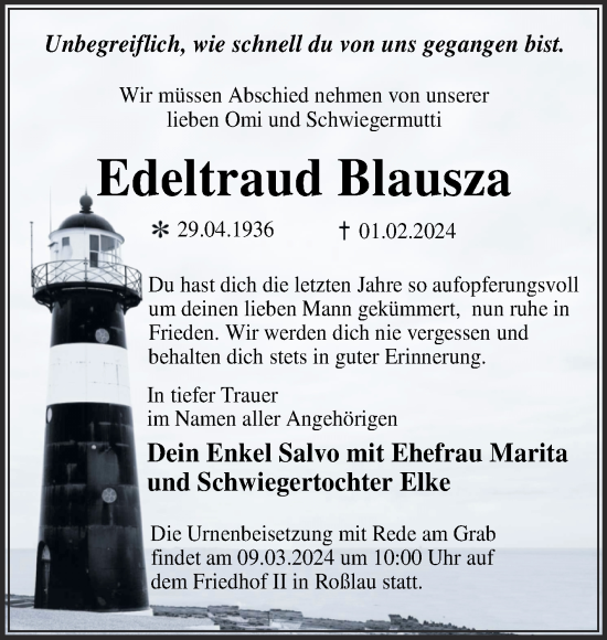 Traueranzeige von Edeltraud Blausza von Trauerkombi Dessau