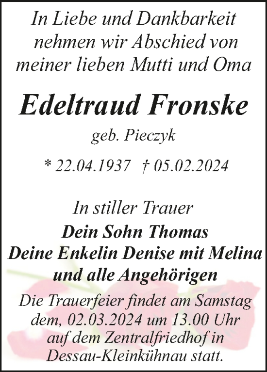 Traueranzeige von Edeltraud Fronske von Trauerkombi Dessau