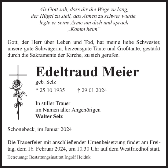 Traueranzeige von Edeltraud Meier von Volksstimme Schönebeck