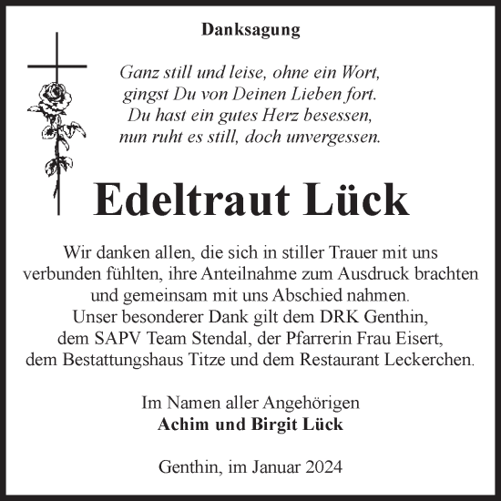 Traueranzeige von Edeltraut Lück von Volksstimme Burg/Genthin