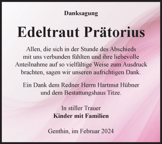 Traueranzeige von Edeltraut Prätorius von Volksstimme Burg/Genthin