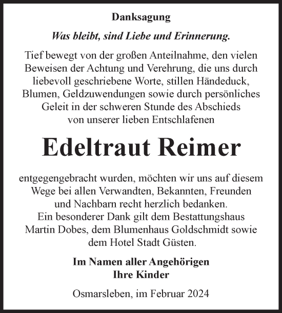 Traueranzeige von Edeltraut Reimer von Volksstimme Staßfurt
