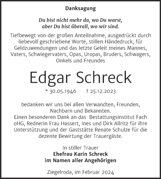 Traueranzeige von Edgar Schreck von Trauerkombi Merseburg