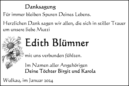 Traueranzeige von Edith Blümner von Volksstimme Altmark Ost