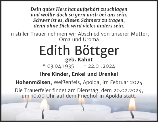 Traueranzeige von Edith Böttger von Super Sonntag Weißenfels