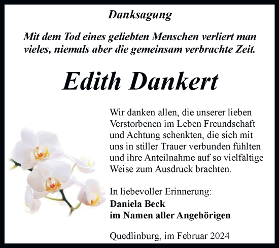 Traueranzeige von Edith Dankert von Trauerkombi Quedlinburg