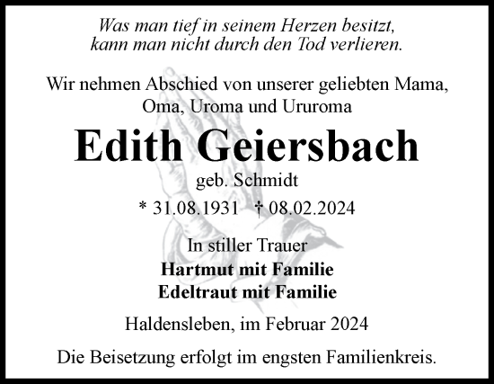 Traueranzeige von Edith Geiersbach von Volksstimme Haldensleben/Wolmirstedt