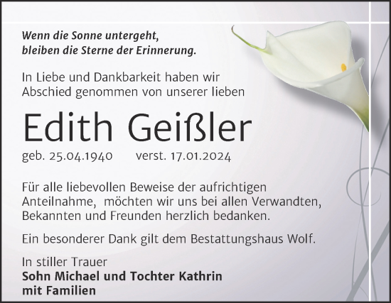 Traueranzeige von Edith Geißler von Trauerkombi Weißenfels