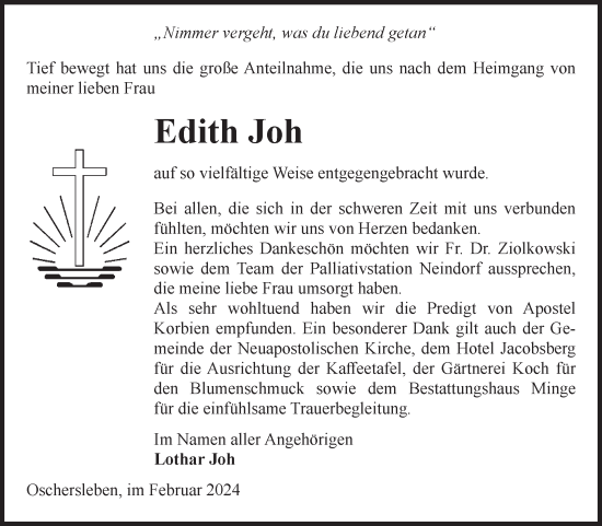 Traueranzeige von Edith Joh von Volksstimme Oschersleben/Wanzleben
