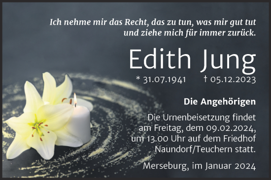 Traueranzeige von Edith Jung von Trauerkombi Merseburg