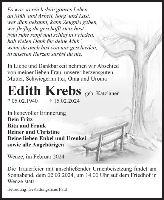 Traueranzeige von Edith Krebs von Volksstimme Altmark West
