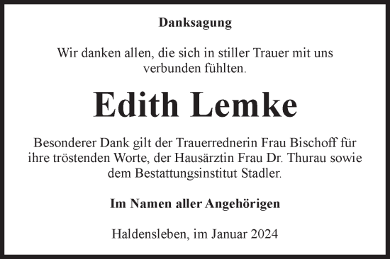 Traueranzeige von Edith Lemke von Volksstimme Haldensleben/Wolmirstedt