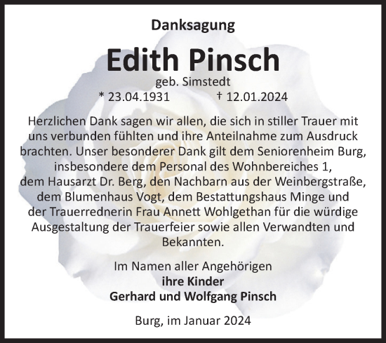 Traueranzeige von Edith Pinsch von Volksstimme Burg/Genthin
