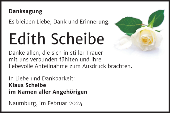 Traueranzeige von Edith Scheibe von Naumburger Tageblatt
